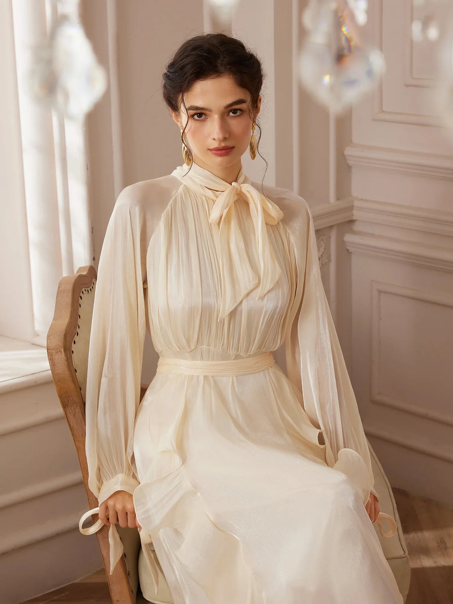 Stand-Collar Lantern-Sleeve Corset-Pleat Maxi Dress