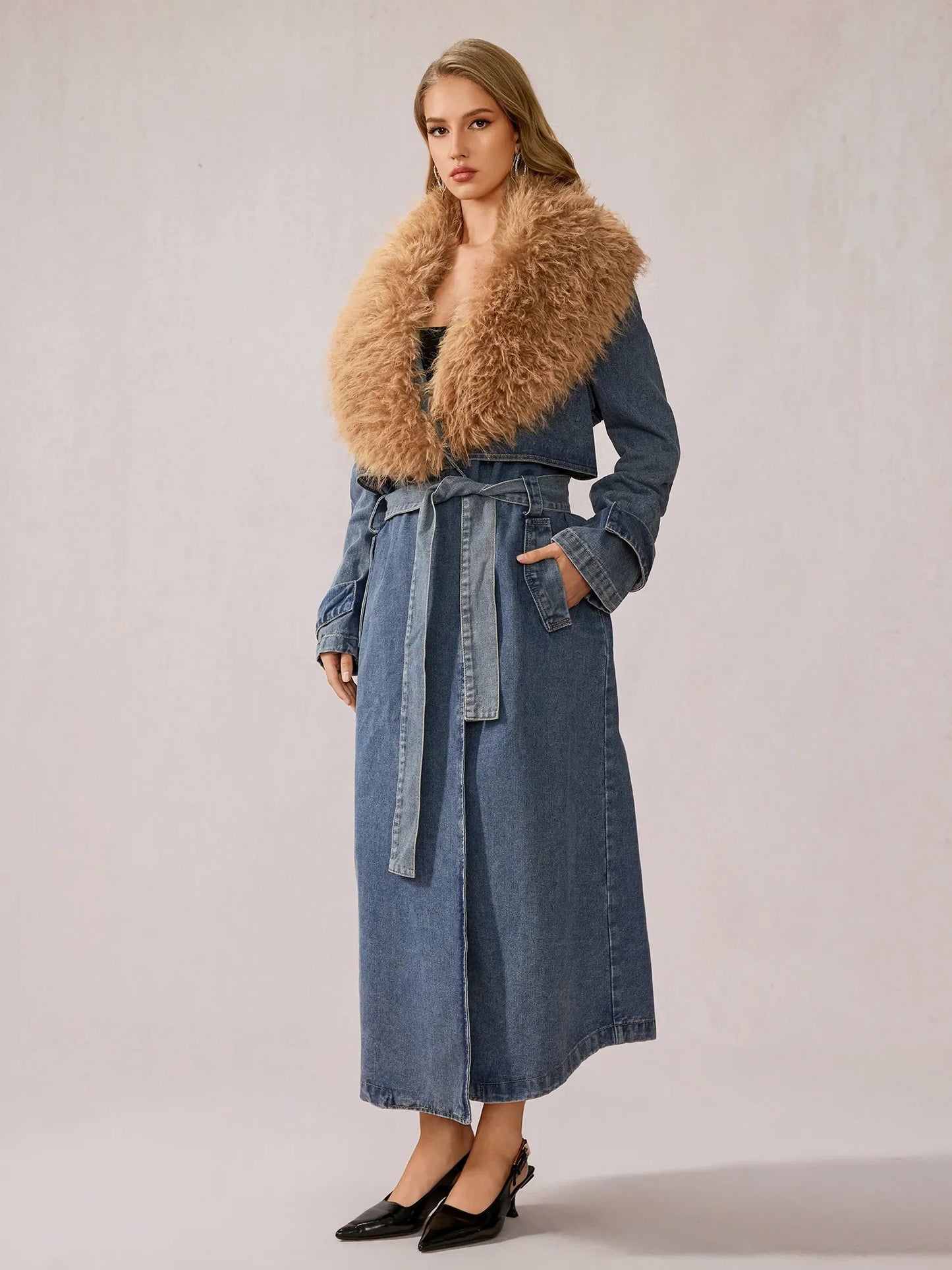 Stylish Denim Plush Collar Coat