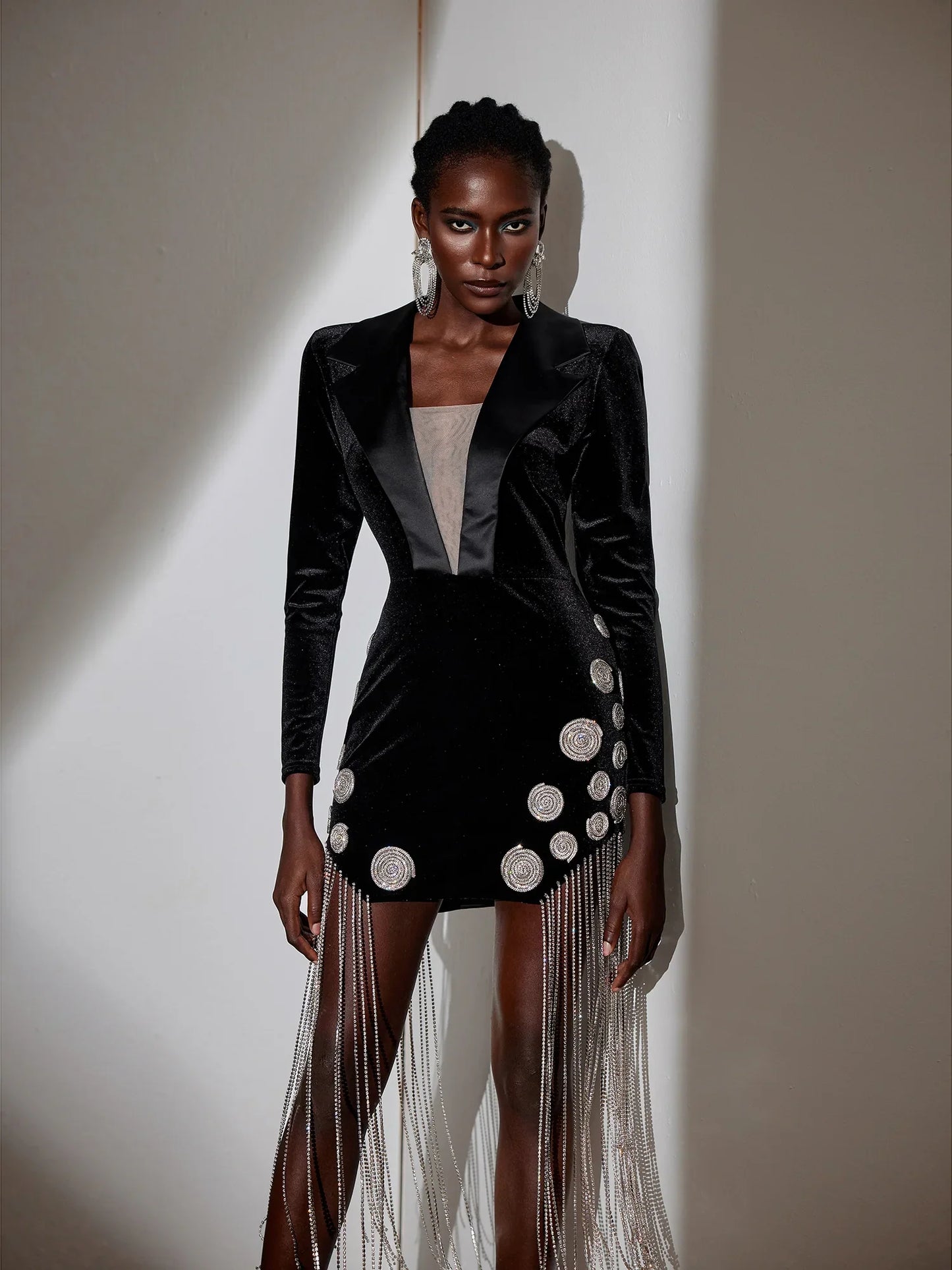 V-Neck Fringe Blazer Collar Mini Dress