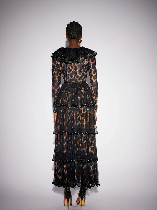 V-Neck Leopard Pleated Mesh Maxi Dress