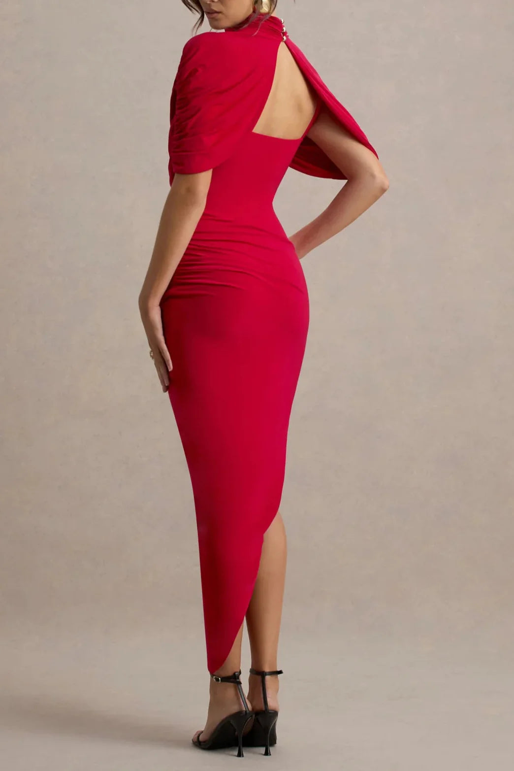 lorraine Asymmetric Cape Ruched Midi Dress - Red