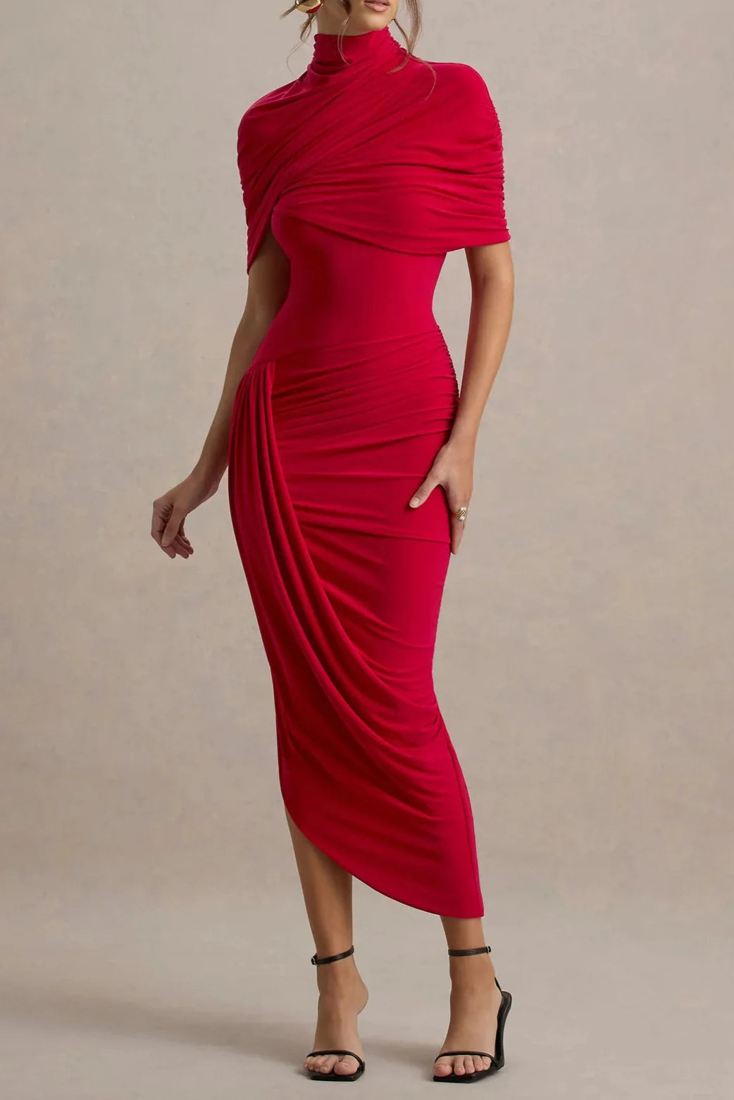 lorraine Asymmetric Cape Ruched Midi Dress - Red