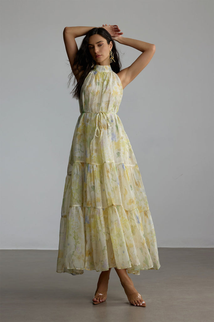 Shop  yellow dress - Perfect for special occasions | caroline Floral Print Sleeveless Maxi Dress in yellow