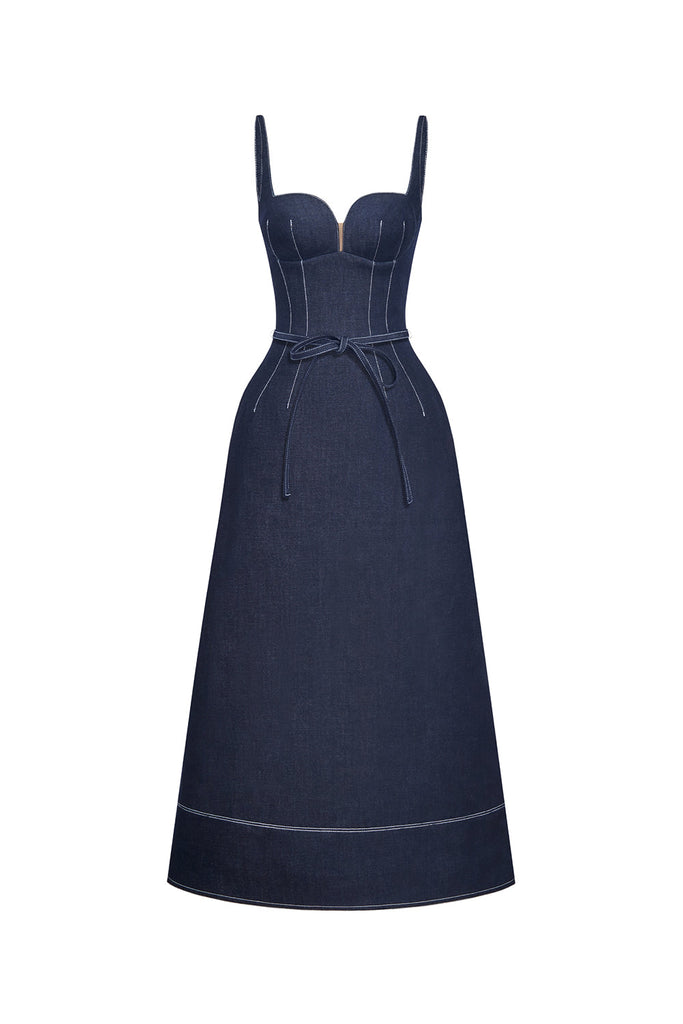 Stylish blue dress | calista A-line Sleeveless Denim Midi Dress in blue - Ideal for special occasions