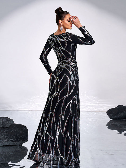 A-Line Long Sleeve Sequin Black Dress