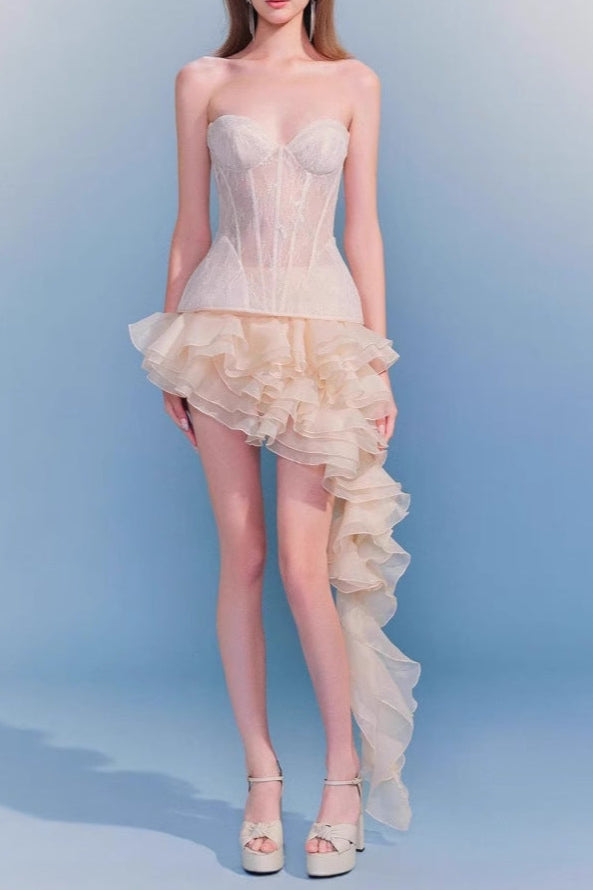 Shop  beige mini - Perfect for special occasions | lauren Irregular Petal Lace Bodycon Mini Skirt Set In Beige