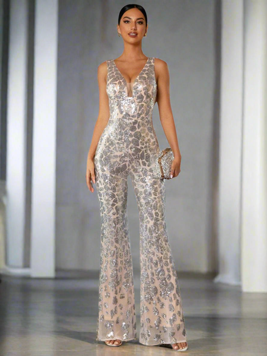 Sleeveless Cutout Sequin Jumpsuits