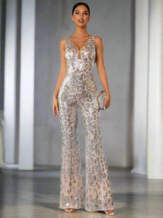 Sleeveless Cutout Sequin Jumpsuits