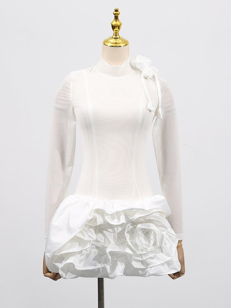 Stylish white dress | 3d flower hem Mesh mini dress in white - Ideal for special occasions