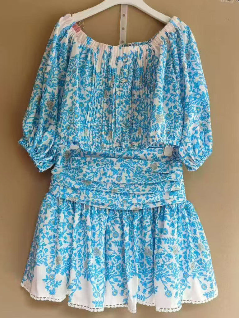 Stylish blue mini | OFF-SHOULDER FLORAL PRINT MINI SKIRT SET IN BLUE - Ideal for special occasions