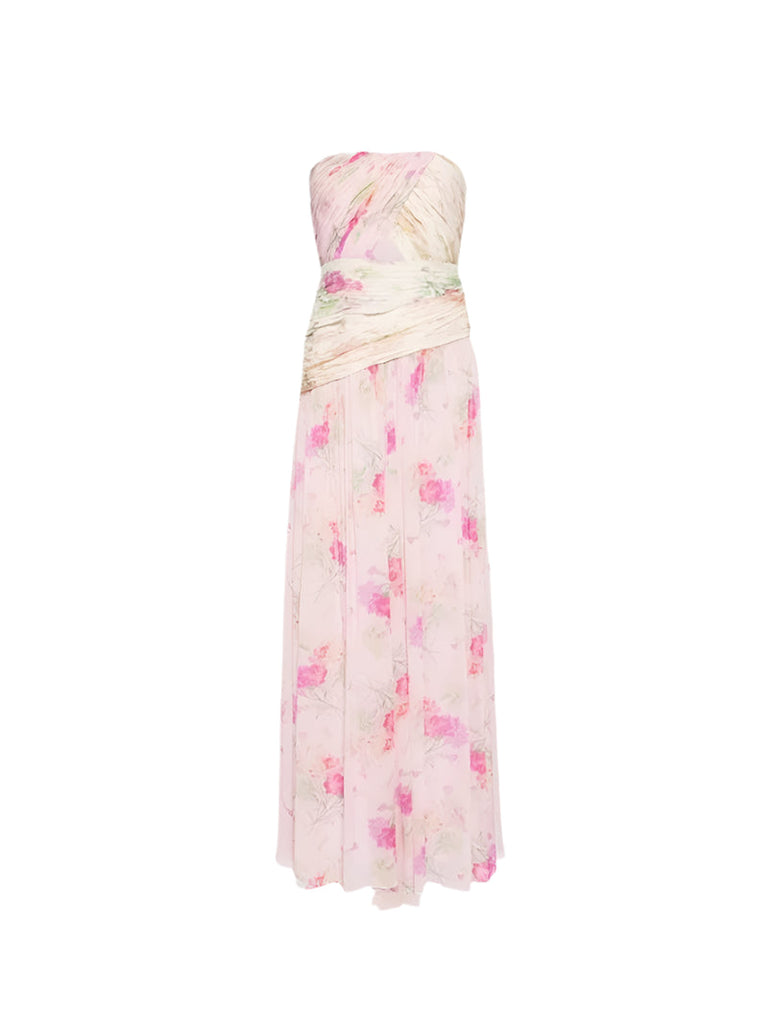Shop  beautiful dress - Perfect for special occasions | PINTIL STRAPLESS PLEATED FLORAL MAXI DRESS IN MULTI