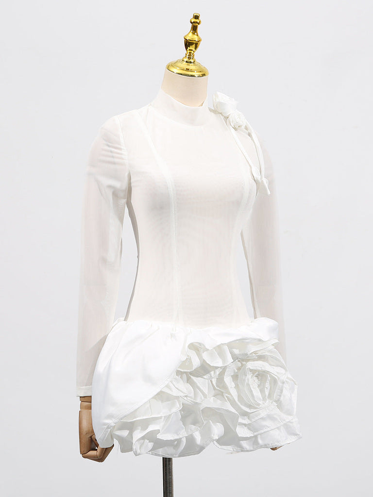 Stylish white dress | 3d flower hem Mesh mini dress in white - Ideal for special occasions