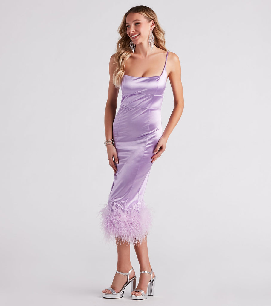 Sofia Formal Satin Feather Midi Dress - Formal beautiful dress for formal | Buy Online
