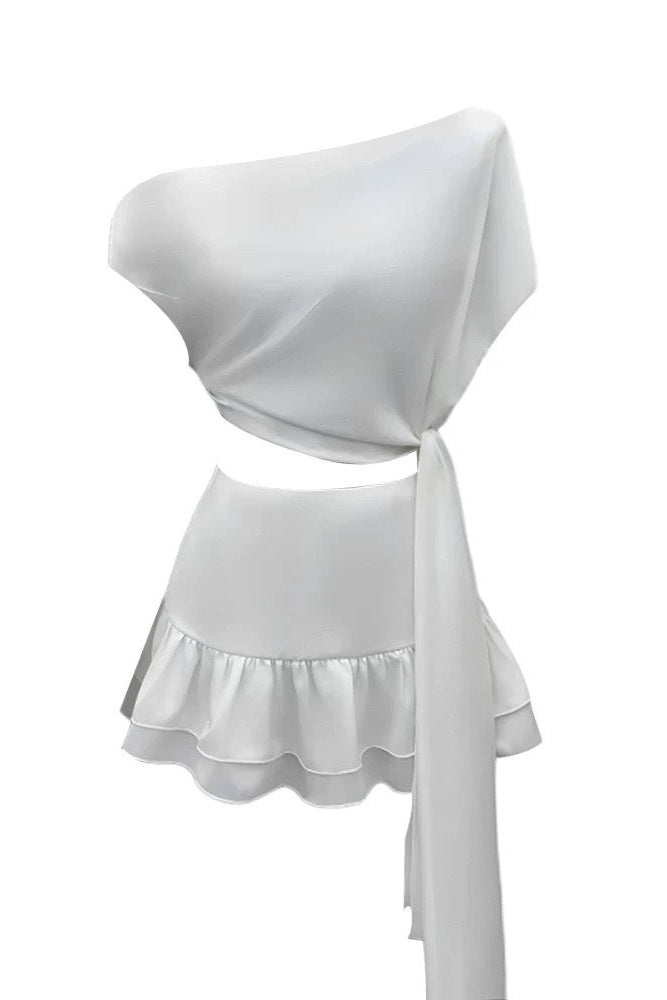 Asymmetric Top Ruffled Skirt Two-Piece Suit in white - Stylish white dress for special occasions | Buy Online
