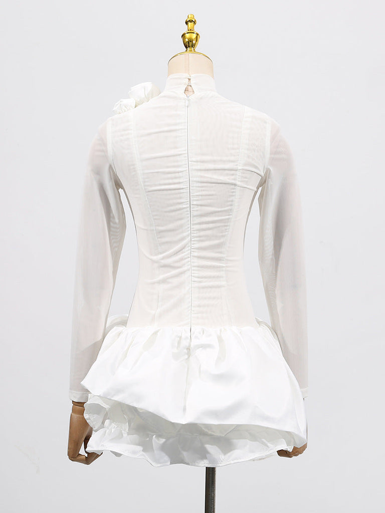 Shop  white dress - Perfect for special occasions | 3d flower hem Mesh mini dress in white