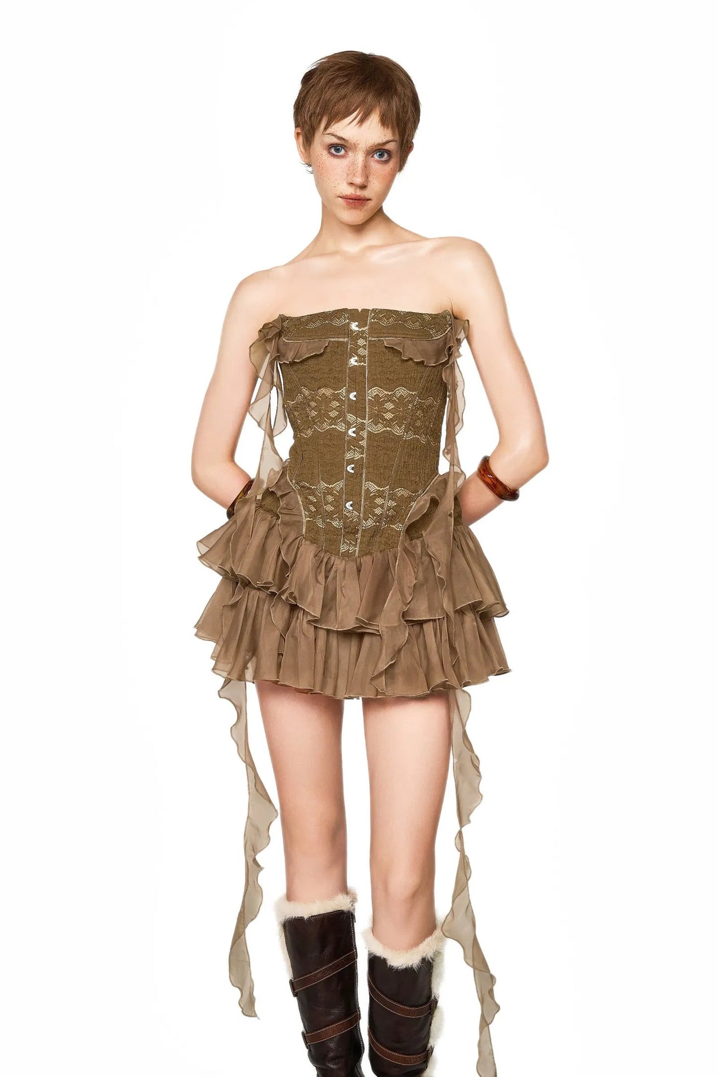 sherry ruffle trim fish bones mini dress in brown