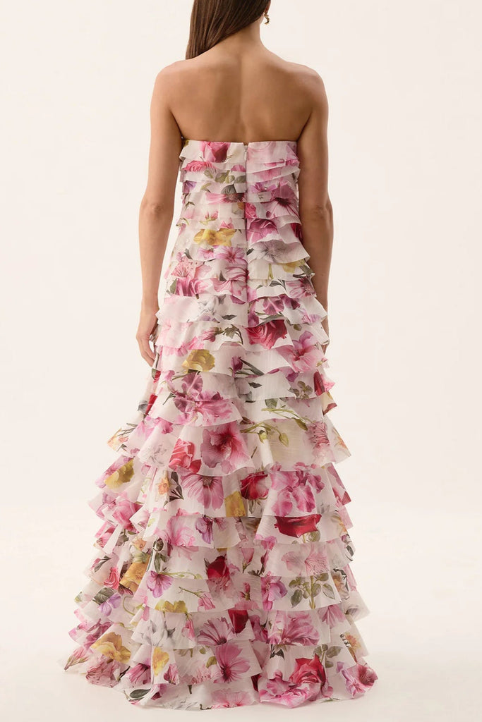 Shop  pink dress - Perfect for special occasions | cathy floral print Pleated layer strapless maxi dress in pink