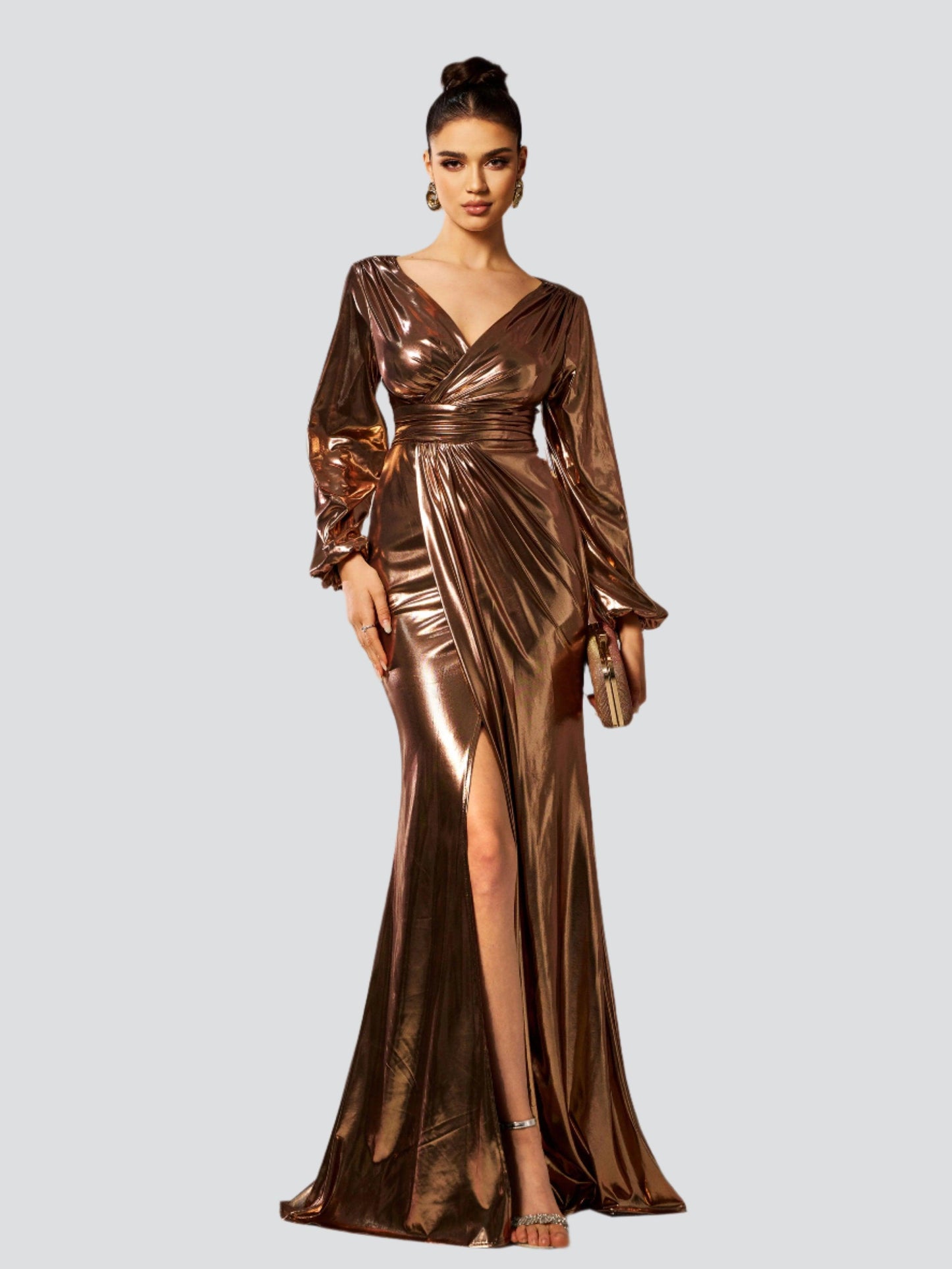 Wrap Long Sleeve Metallic Prom Dress