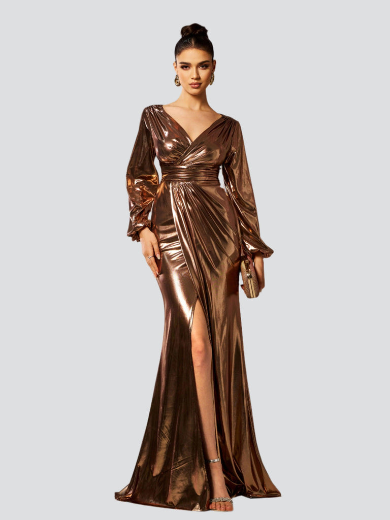 Stylish beautiful dress | Wrap Long Sleeve Metallic Prom Dress - Ideal for special occasions