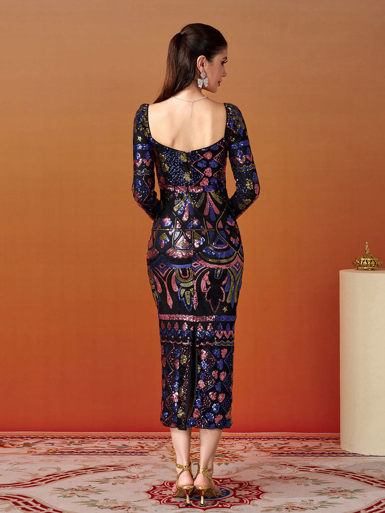 Square Neck Long Sleeve Split Sequin Dress - Stylish beautiful dress for special occasions | Buy Online