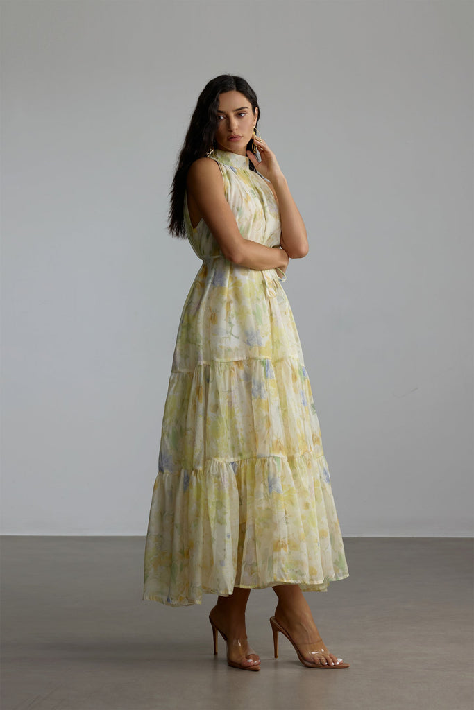 Stylish yellow dress | caroline Floral Print Sleeveless Maxi Dress in yellow - Ideal for special occasions
