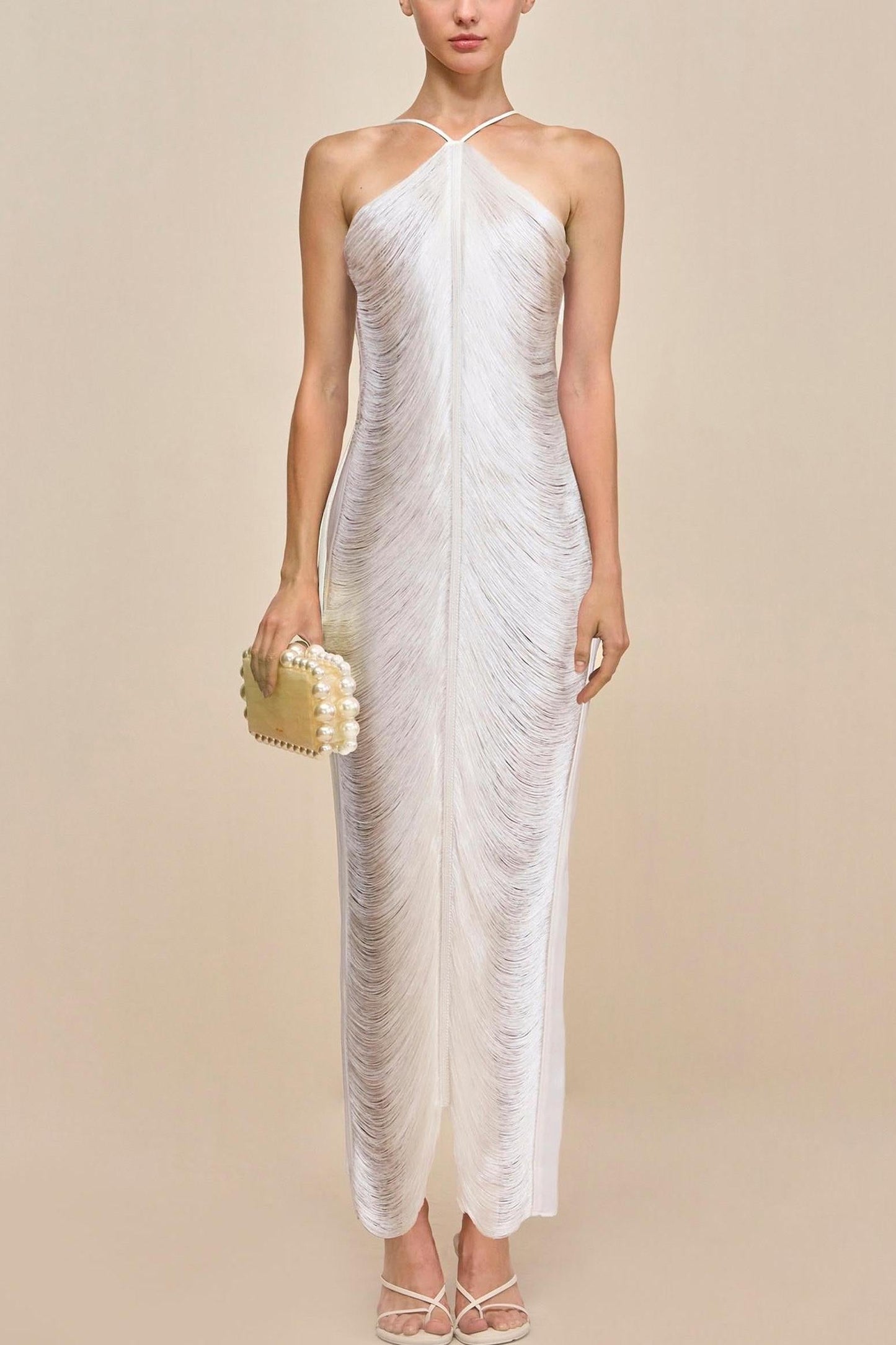 Veroty Halter Fringe Maxi Dress -white