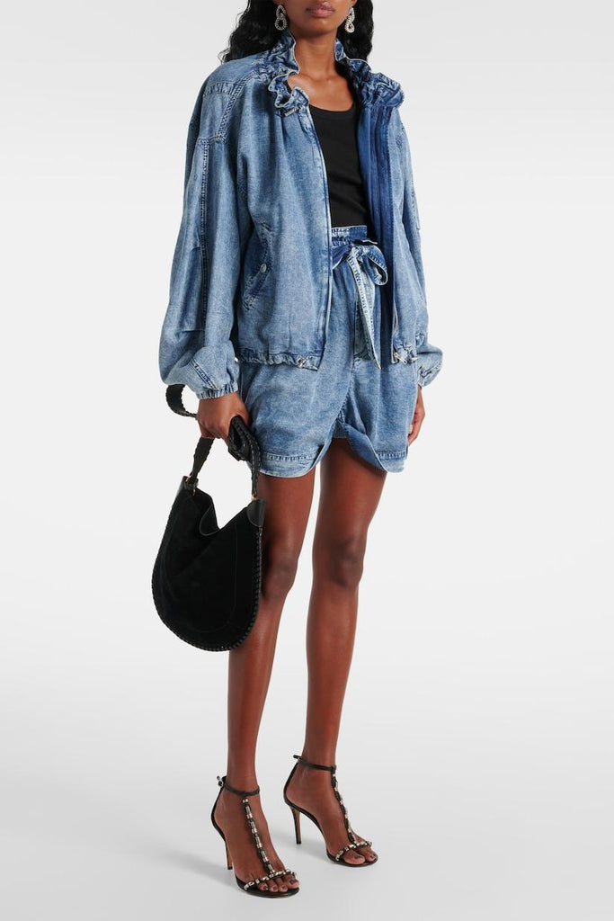 Lmara Drawstring Petal Collar Denim Jacket - Stylish beautiful dress for special occasions | Buy Online