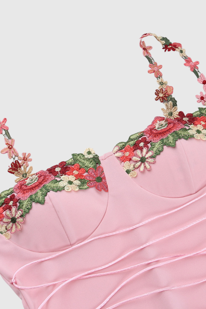 Stylish red dress | Raegan Bodycon Flower Embroidered Maxi Dress In Pink - Ideal for special occasions