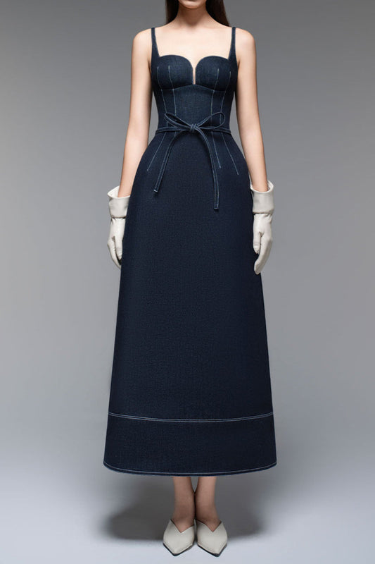calista A-line Sleeveless Denim Midi Dress in blue