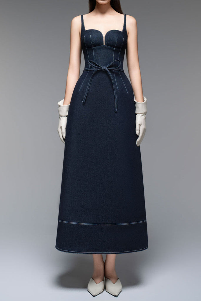 Shop  blue dress - Perfect for special occasions | calista A-line Sleeveless Denim Midi Dress in blue