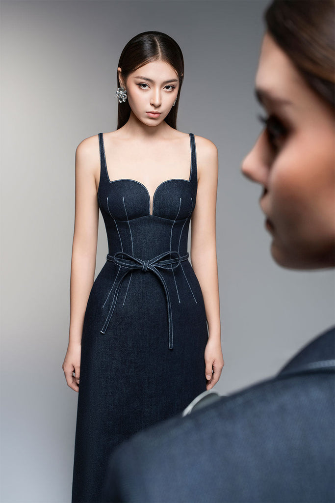 calista A-line Sleeveless Denim Midi Dress in blue - Stylish blue dress for special occasions | Buy Online