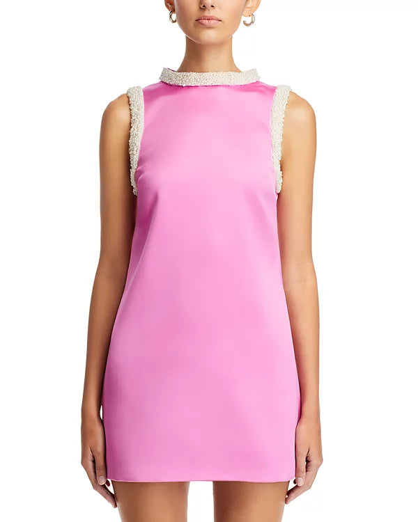 Faux Pearl Trim Satin Shift Mini Dress - Stylish beautiful dress for special occasions | Buy Online