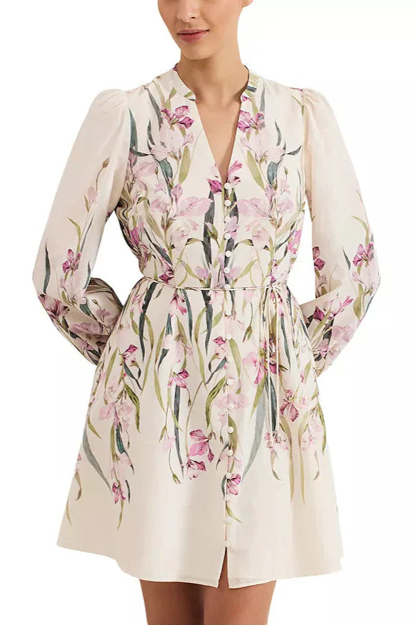 floral print Blouson sleeve mini dress in ivory - Stylish beautiful dress for special occasions | Buy Online