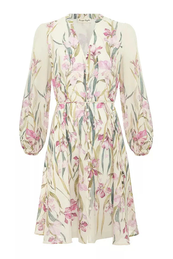 floral print Blouson sleeve mini dress in ivory - Stylish beautiful dress for special occasions | Buy Online