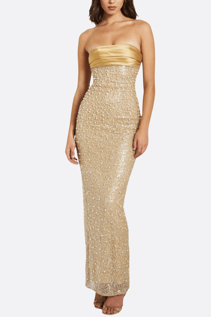 Stylish beautiful dress | GOLD SATIN SEQUIN PEARLS BEADED MAXI DRESS - Ideal for special occasions