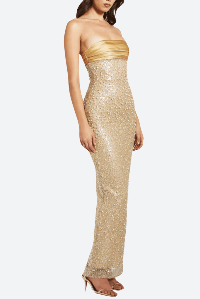 Shop  beautiful dress - Perfect for special occasions | GOLD SATIN SEQUIN PEARLS BEADED MAXI DRESS