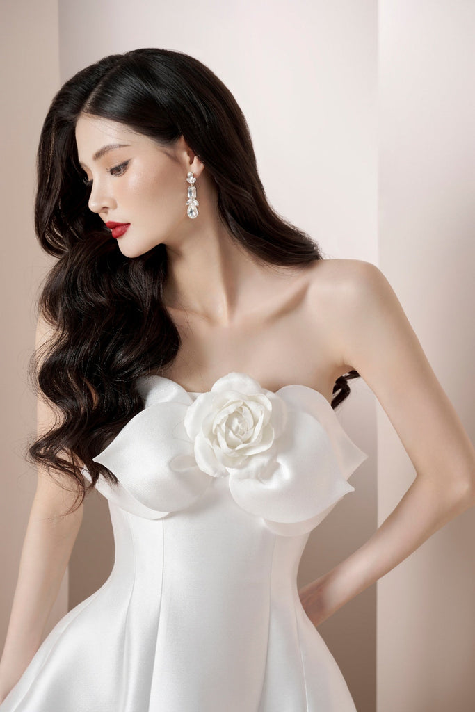 Shop  white dress - Perfect for special occasions | mignon 3d flower satin strapless midi dress in white