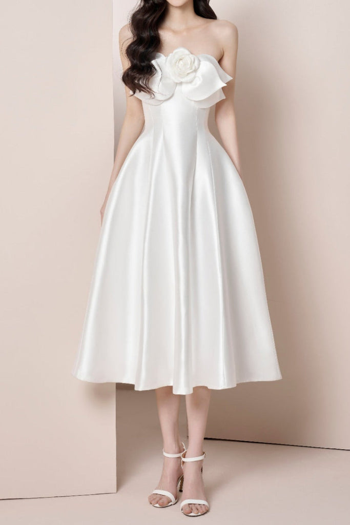 Stylish white dress | mignon 3d flower satin strapless midi dress in white - Ideal for special occasions
