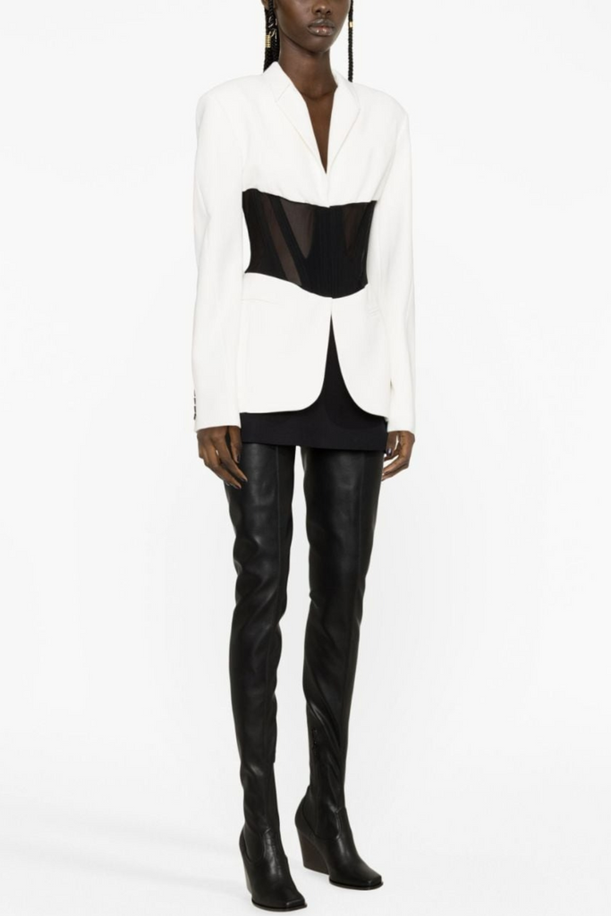 Stylish white dress | Kamryn Paneled Mesh Blazer - White - Ideal for special occasions