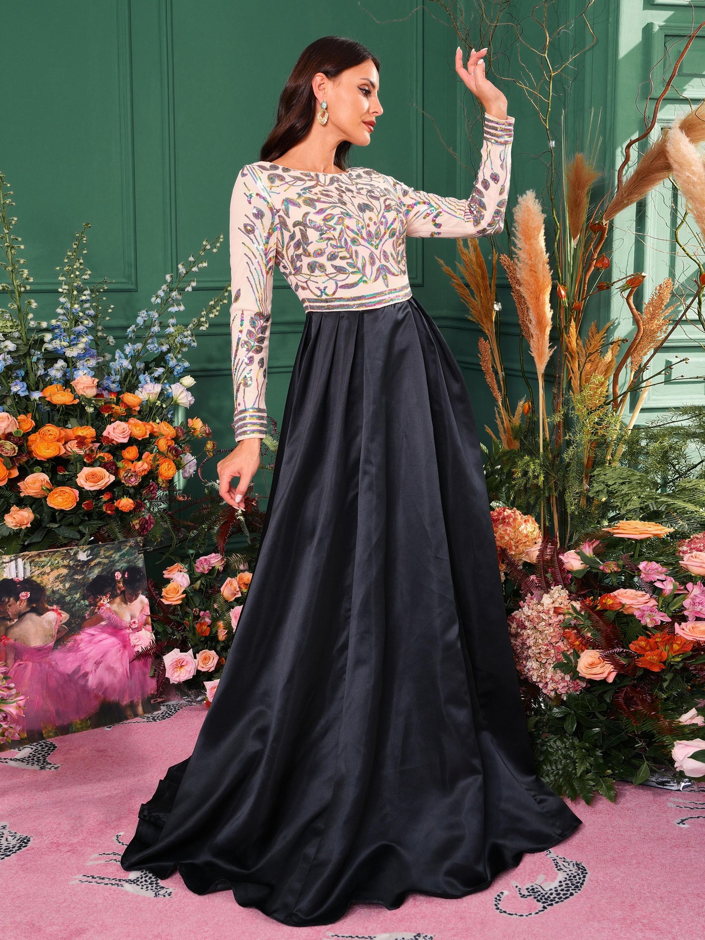 Formal A-Line Satin Panel Black Ball Gown