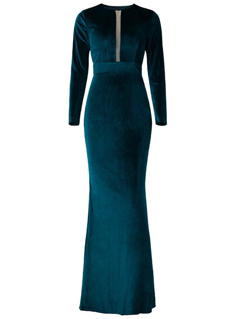 Long Sleeve Velvet Green Evening Dress - Stylish green dress for special occasions | Buy Online