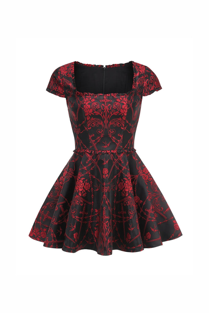 square neck jacquard mini dress in Black Red - Stylish red dress for special occasions | Buy Online