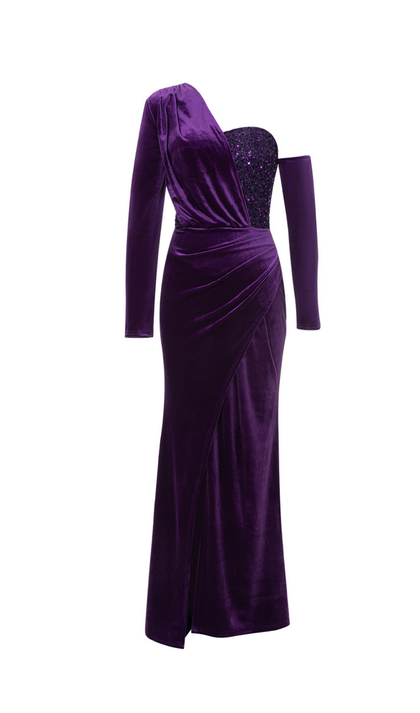 Stylish purple dress | one shoulder sequin-embellished velvet maxi dress in purple - Ideal for special occasions