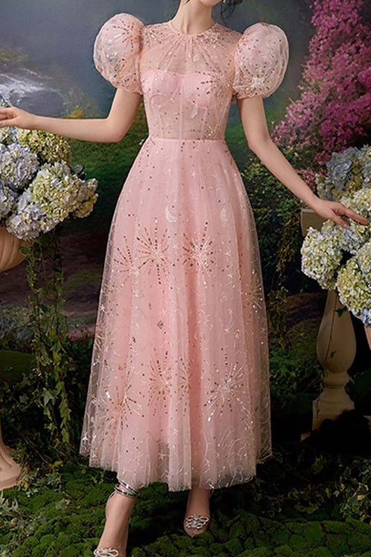 PUFF SLEEVE SEQUINS MAXI DRESS IN PINK