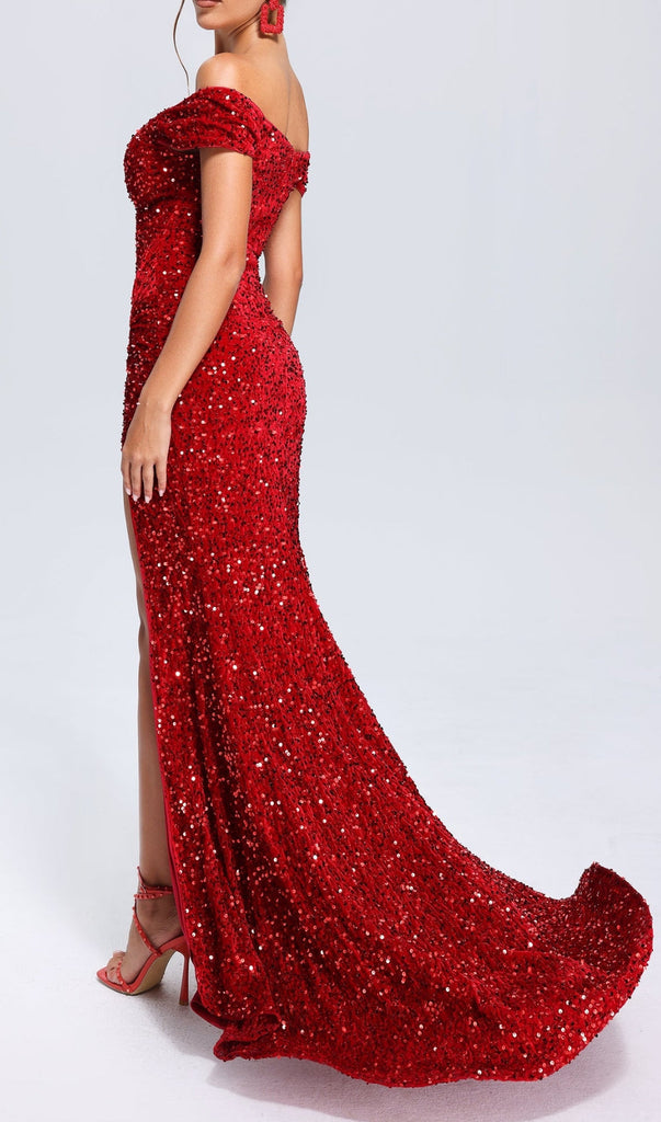 Shop  red dress - Perfect for special occasions | RED OFF-SHOULDER SEQUIN DRESS