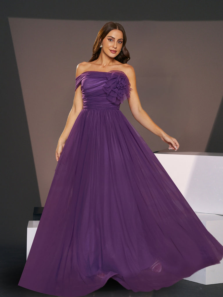 Shop  purple dress - Perfect for special occasions | Off Shoulder Pleated A-Line Purple Tulle Bridesmaid Dress
