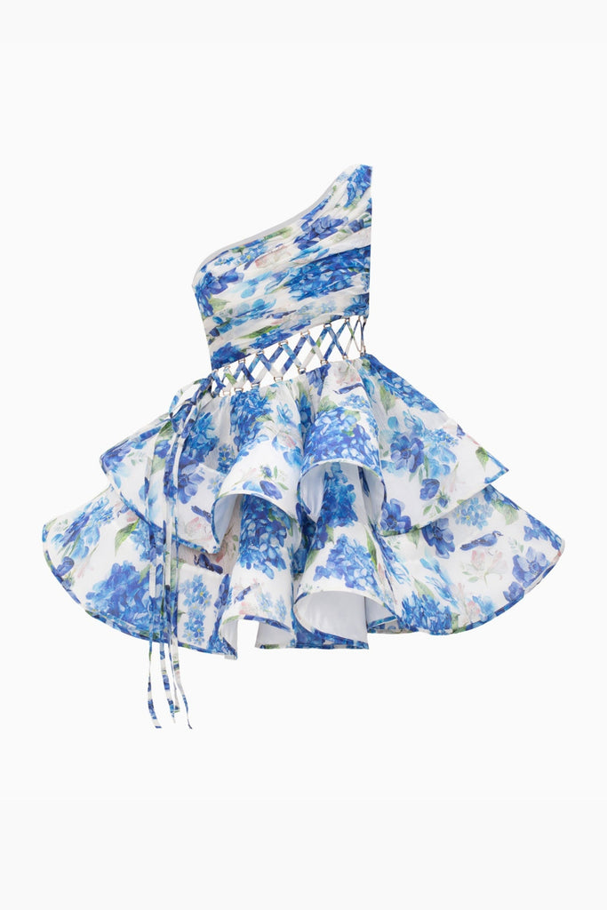 Shop  blue dress - Perfect for special occasions | GAIL BLUE FLORAL PRINTED ONE-SHOULDER MINI CHIFFON DRESS