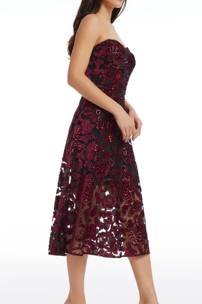 Shop  beautiful dress - Perfect for special occasions | floral print strapless bustier midi dress in burgundy