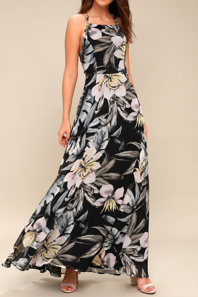 Stylish black dress | Black Floral Print Lace-Up Maxi Dress - Ideal for special occasions