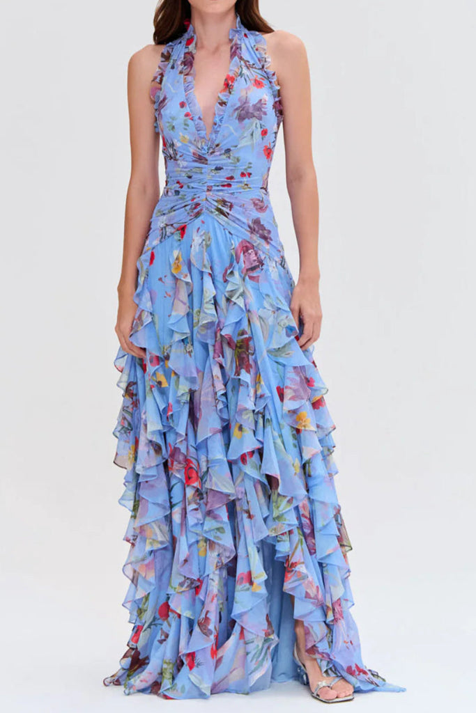Floral Halter Ruffle Tulle Maxi Dress in Blue - Stylish blue dress for special occasions | Buy Online